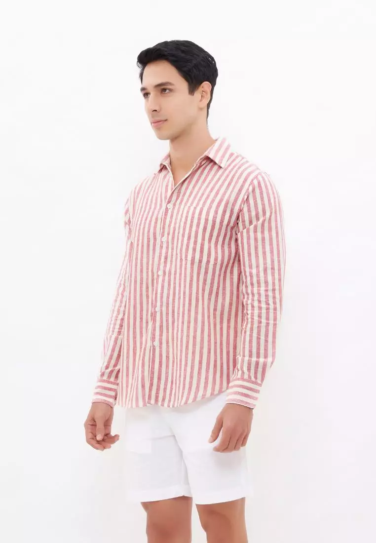Long Splitz Kemeja Linen Lengan Panjang Pria Merah Stripe | Linen Long Sleeve Shirt Men Striped Red