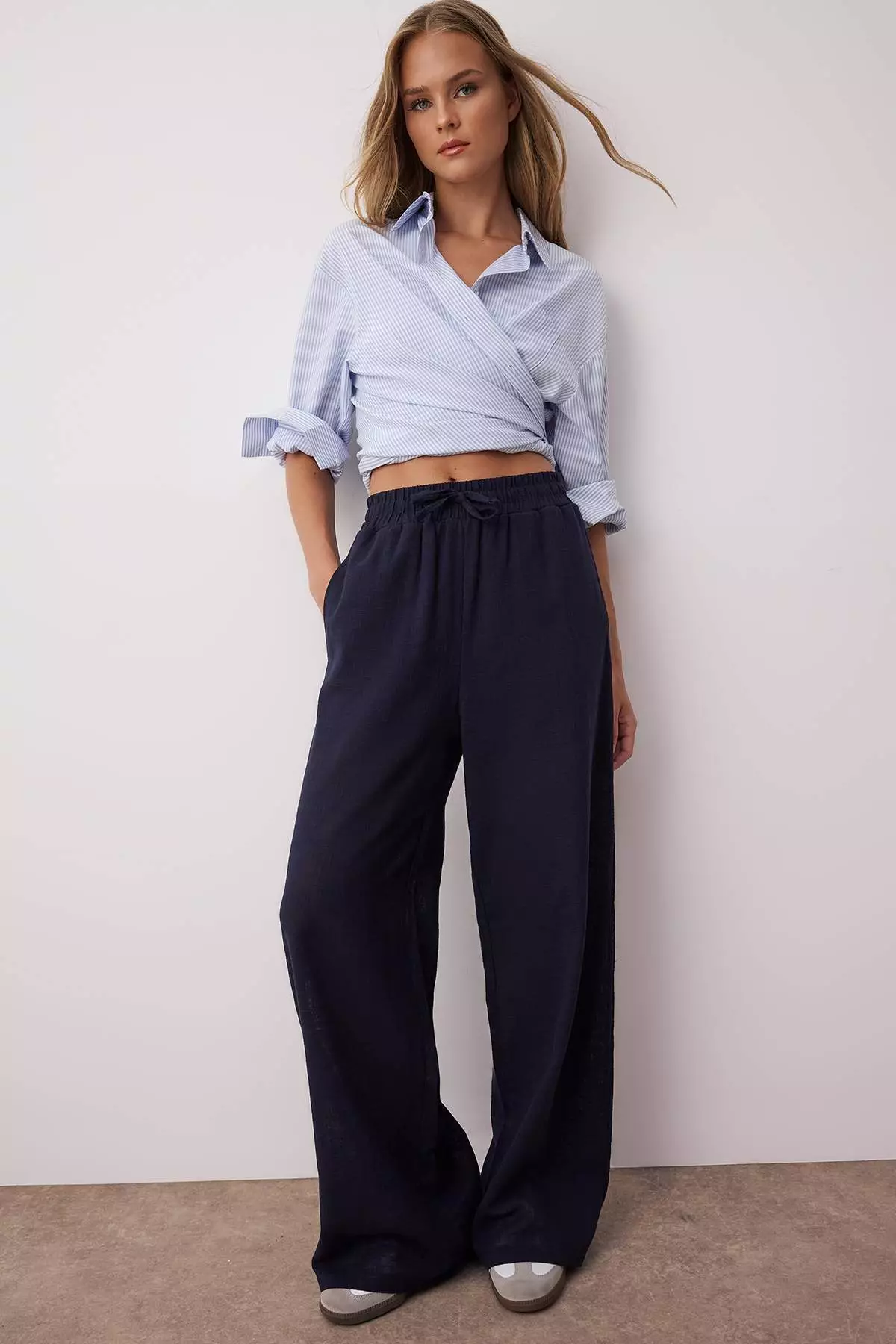 Navy Blue Linen Look Wide Leg Shorts Lined Elastic Waist Pants
