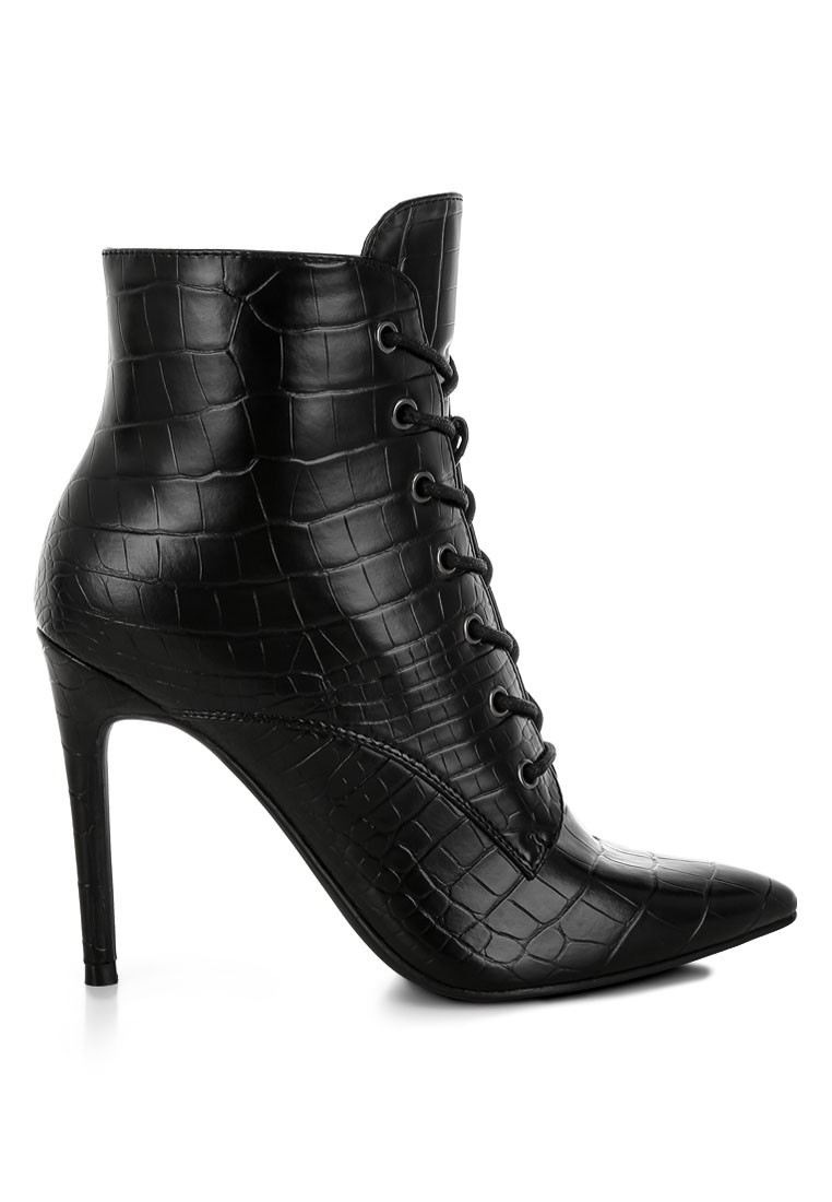 Croc Lace-Up Stiletto Boot in Black