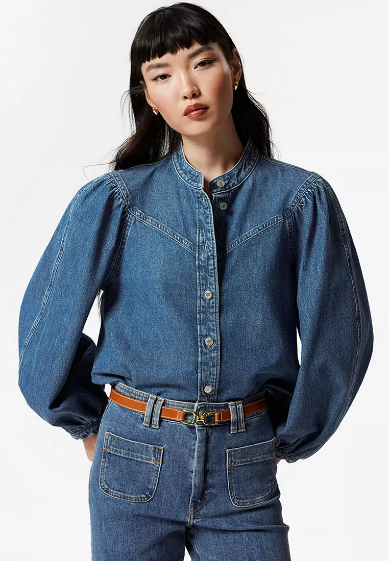 Puff-Sleeve Denim Blouse