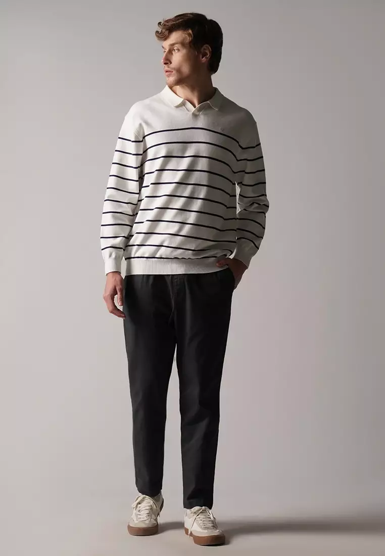 Regular Fit V-Placket Striped Pullover In Flat Knit