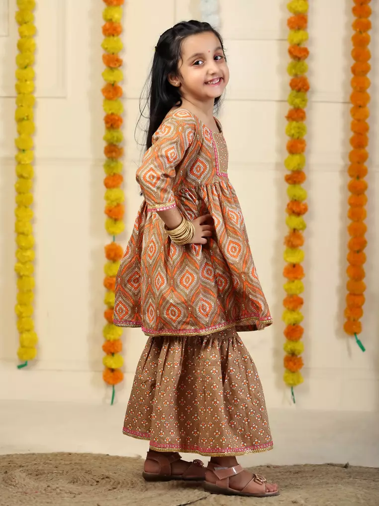 Earth Brown Floral Print Girls Anarkali Kurta Sharara Set