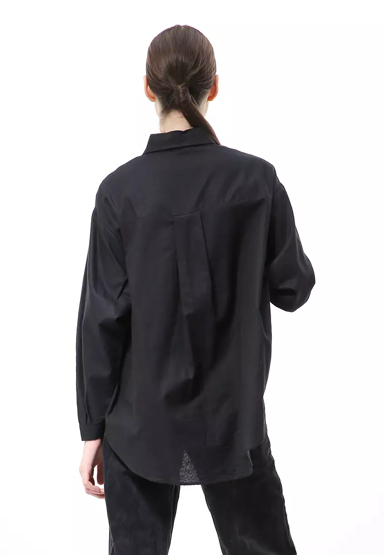 Nandira Kemeja Atasan Wanita Oversize Motif Polos Long Sleeve - Hitam