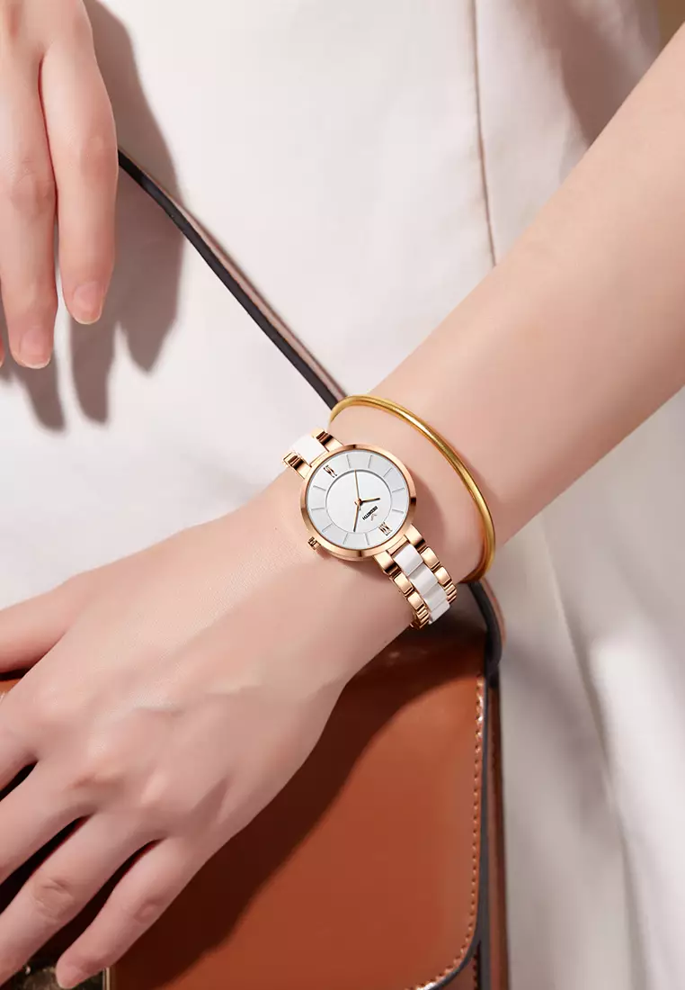 Jam Tangan Wanita Anti Air Original Korea Elegan Kuarsa Tali Keramik Jam Tangan Cewek rosewhite