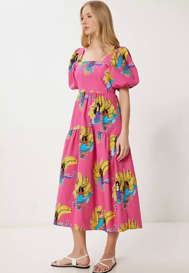 Women's Pink Yellow Patterned Summer Midi Poplin Dress Fk00017