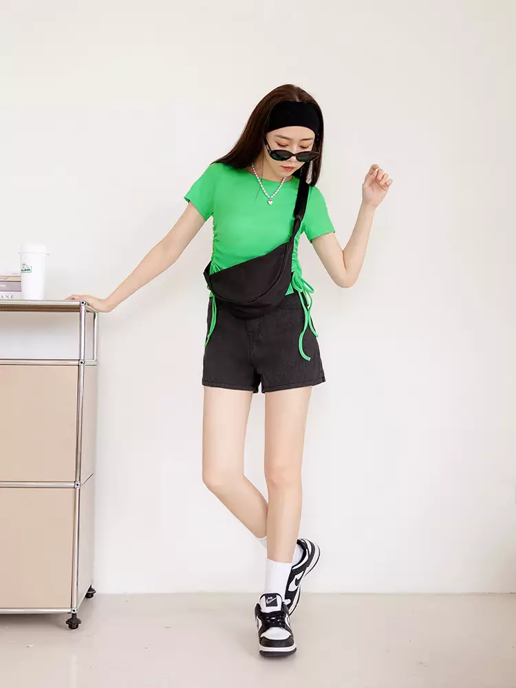 Ribbed side drawstring cinched waist cropped T-shirt [AB18604]