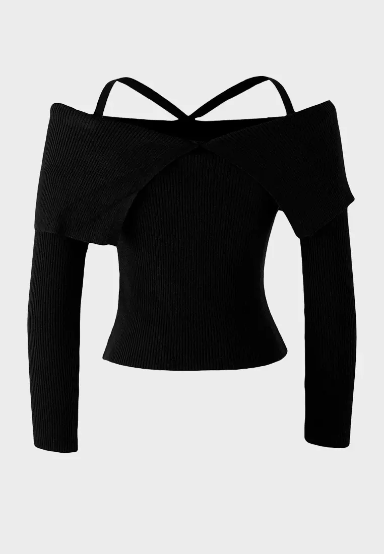 Black Premium Yarn/Special Yarn Carmen Neck Strap Knitwear Sweater