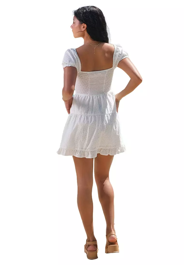 Embroidered Eyelet Corsetry-Like Tiered Short Dress With Puff Sleeves, Smocking, And Lace Ruffle Trim