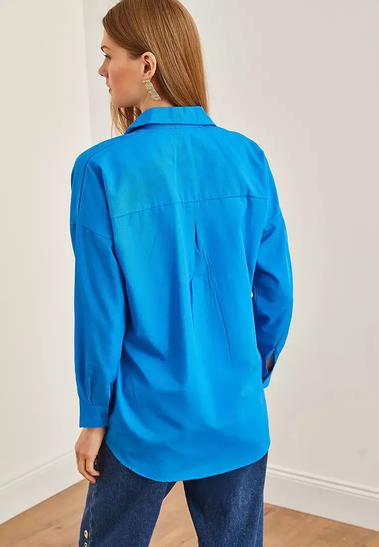 Palm Sequin Detailed Oversize Woven Poplin Shirt