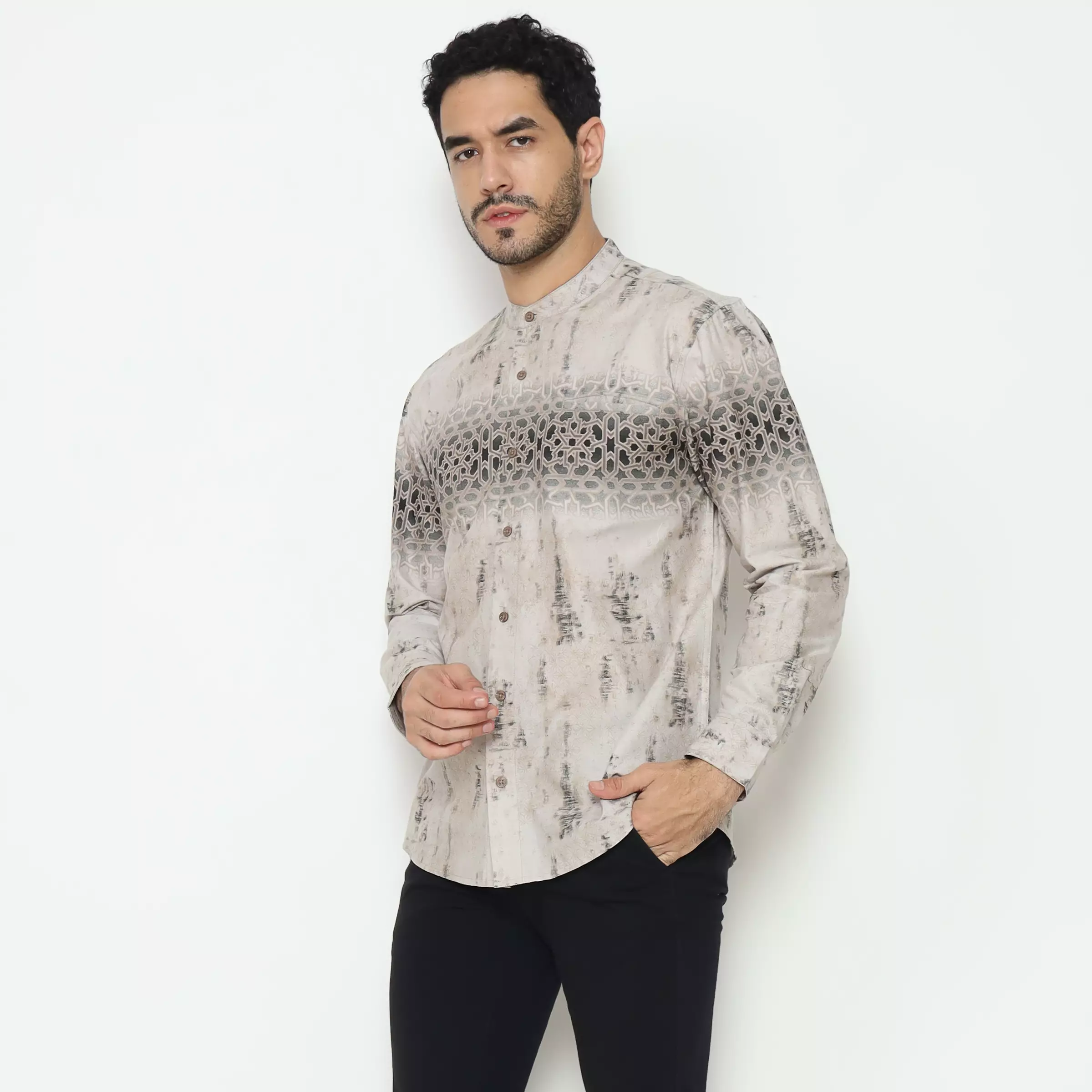 AMK Kemeja Koko Printing Pria Lengan Panjang KK Zayed L/s Khaki