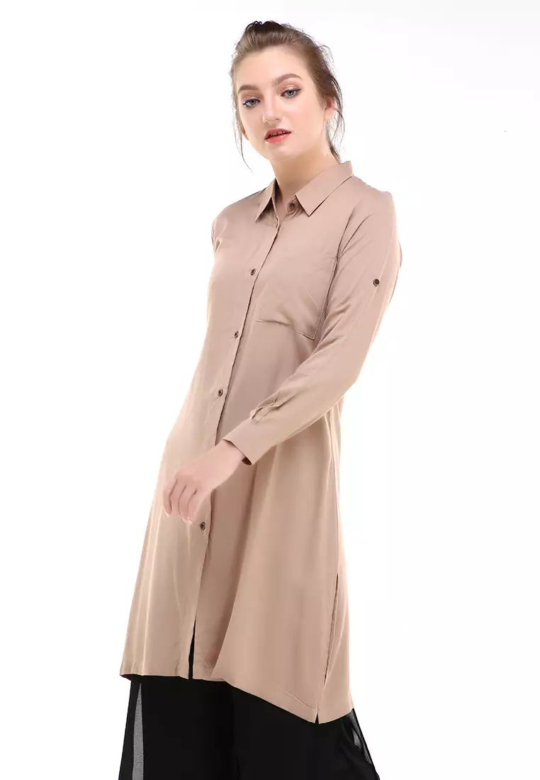 Eleazar Tunik Long Sleeve Motif Solid Design Casual Atasan Wanita Regular Fit - Mocca