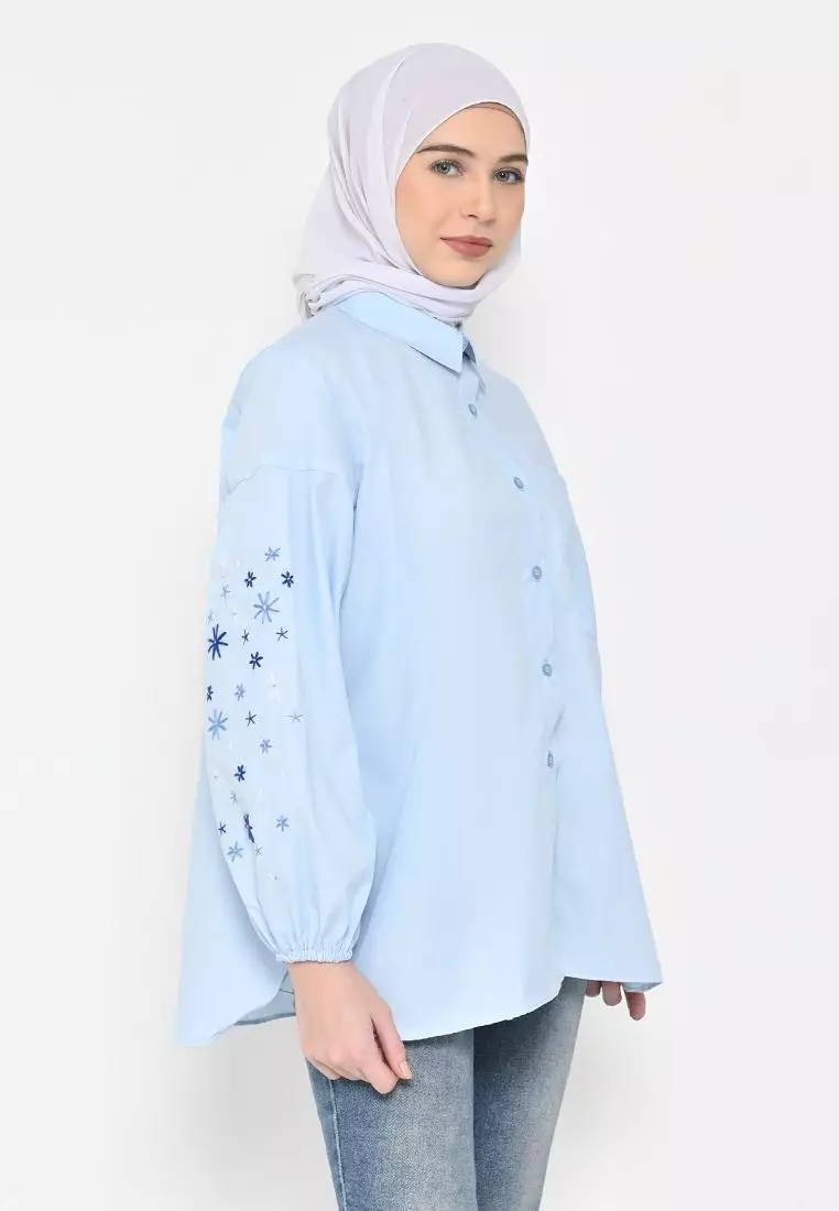 Kinaya Embrodery Top Powder Blue - Blouse Atasan Wanita