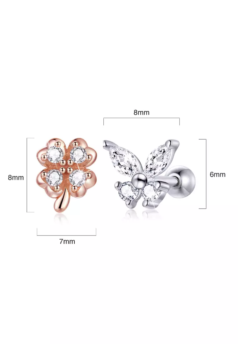 Solid 925 Sterling Silver Mismatch Butterfly Clover Zirconias Cartilage Earrings
