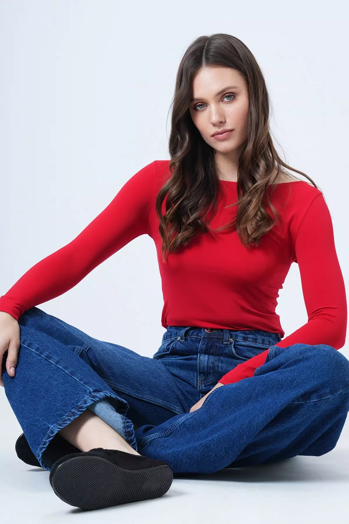 Women'S Red Boat Neck Basic Blouse Alc-X14395