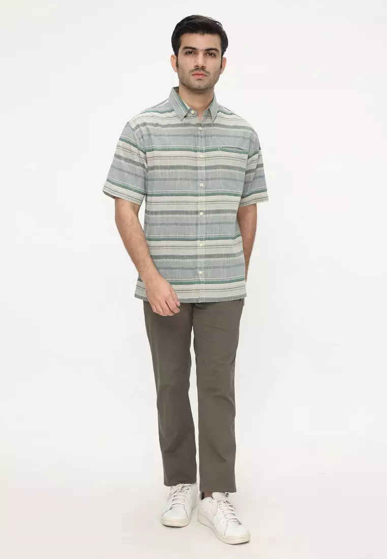 POLICE Kemeja Salur Printing Abu Biru Regular Fit Pria