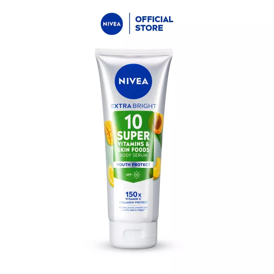 NIVEA Body Serum Extra Bright 10 Super Vitamins & Skin Foods Youth Protect Collagen 180ml