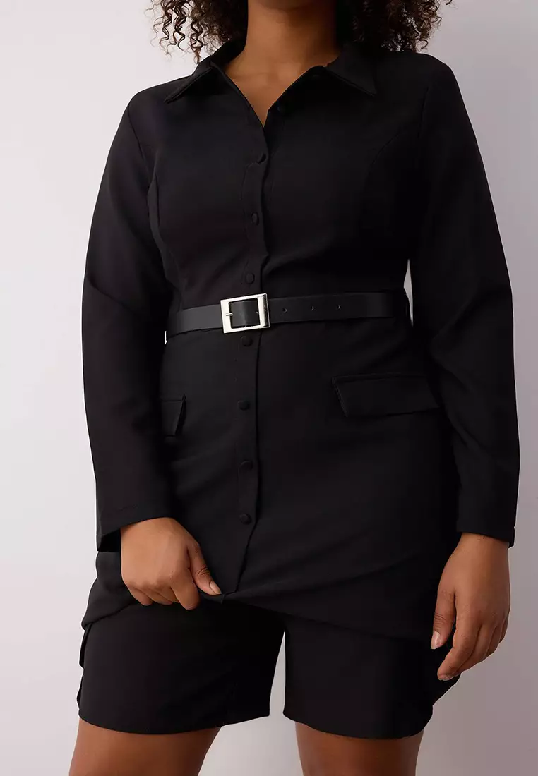 Black Woven Belt Dress Look Mini Plus Size Jumpsuit Tbbaw26Bg00000