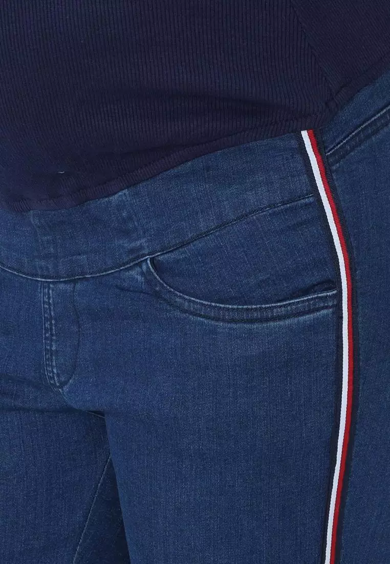 Distress Taped Maternity Denims with Belly Support-Blue
