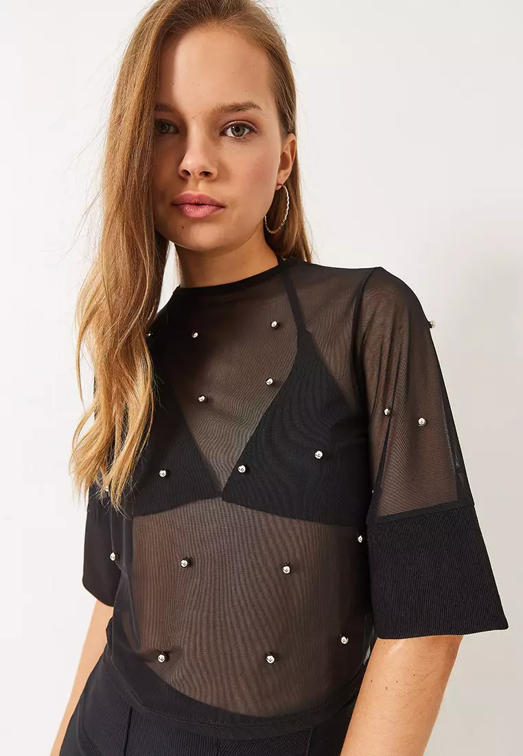 Women's Stone Printed Short Sleeve Crew Neck Transparent Blouse 60284020