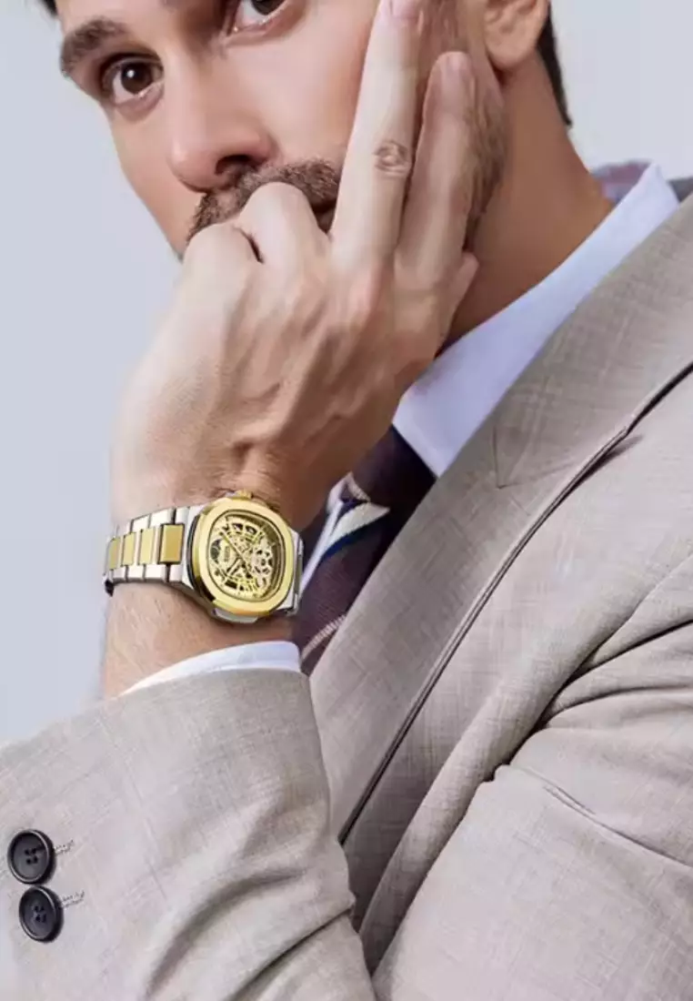 中性自動手錶，40 毫米不鏽鋼錶殼，不鏽鋼錶鍊