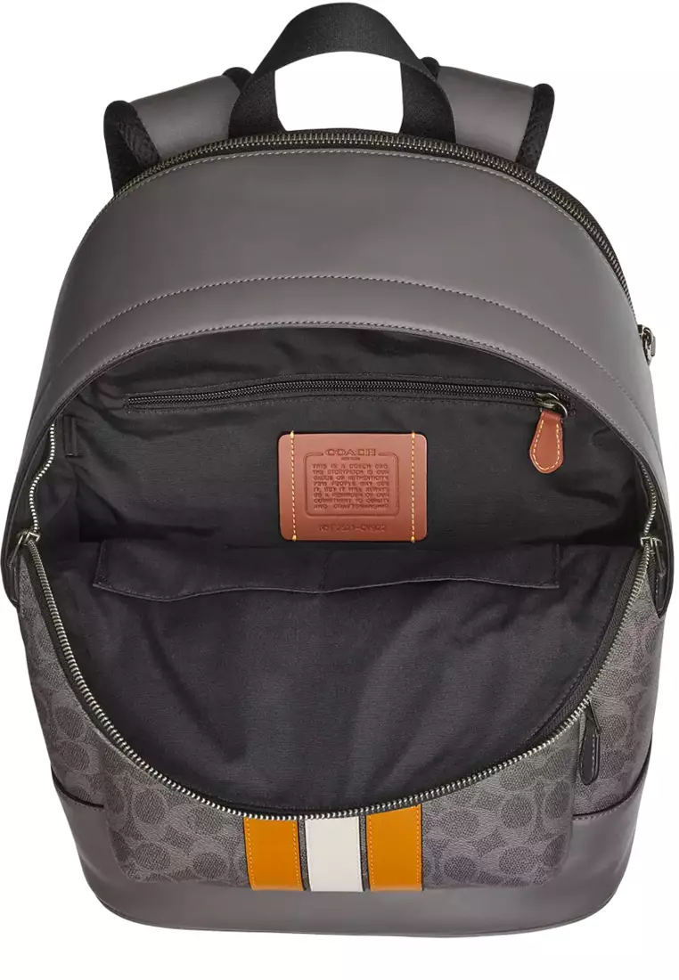 West Backpack Bag In Signature Canvas With Varsity Stripe - Grey/ Ochre/ Chalk CV922