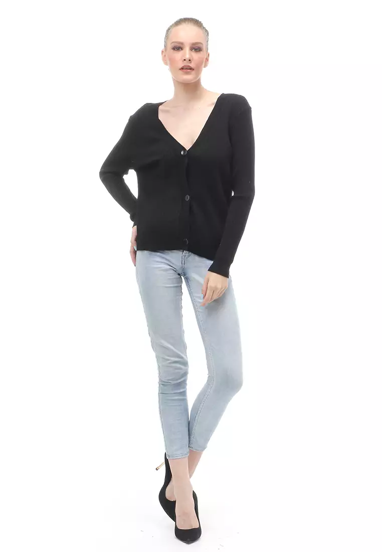 Yardley Cardigan Atasan Wanita Long Sleeves Motif Salur Front Button Opening - Hitam