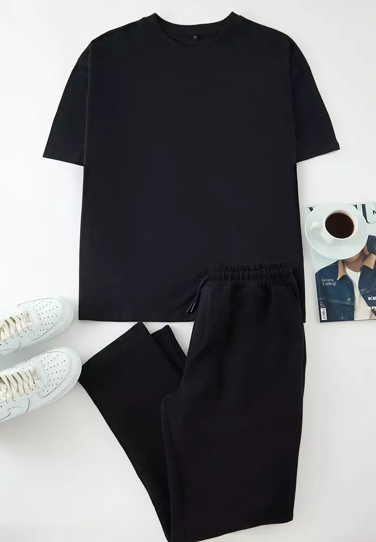 Black 3-Piece Oversize/Wide Cut T-Shirt, Sweatpants and Shorts 100% Cotton Tracksuit Set TMNSS25EM00001