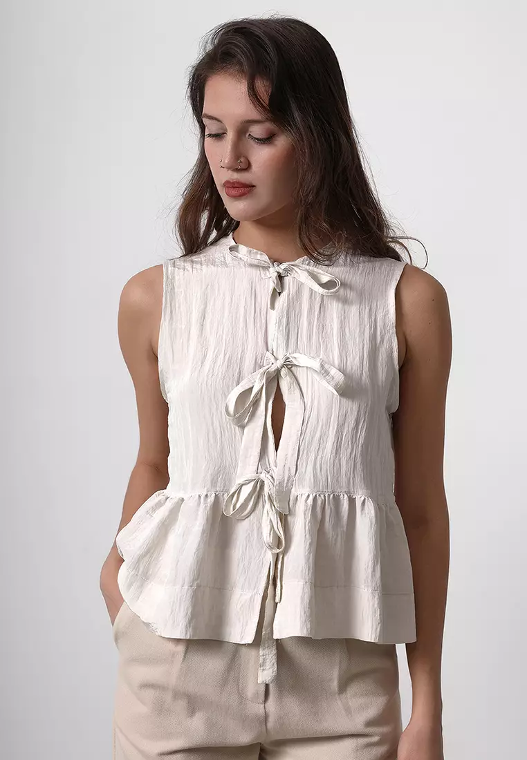 Beige Front Tie Detail Gathered Crop Woven Blouse TWOSS25BZ00156
