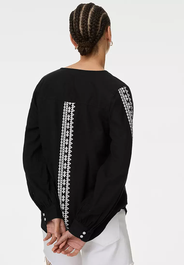 Linen Blend Embroidered Tie Neck Blouse