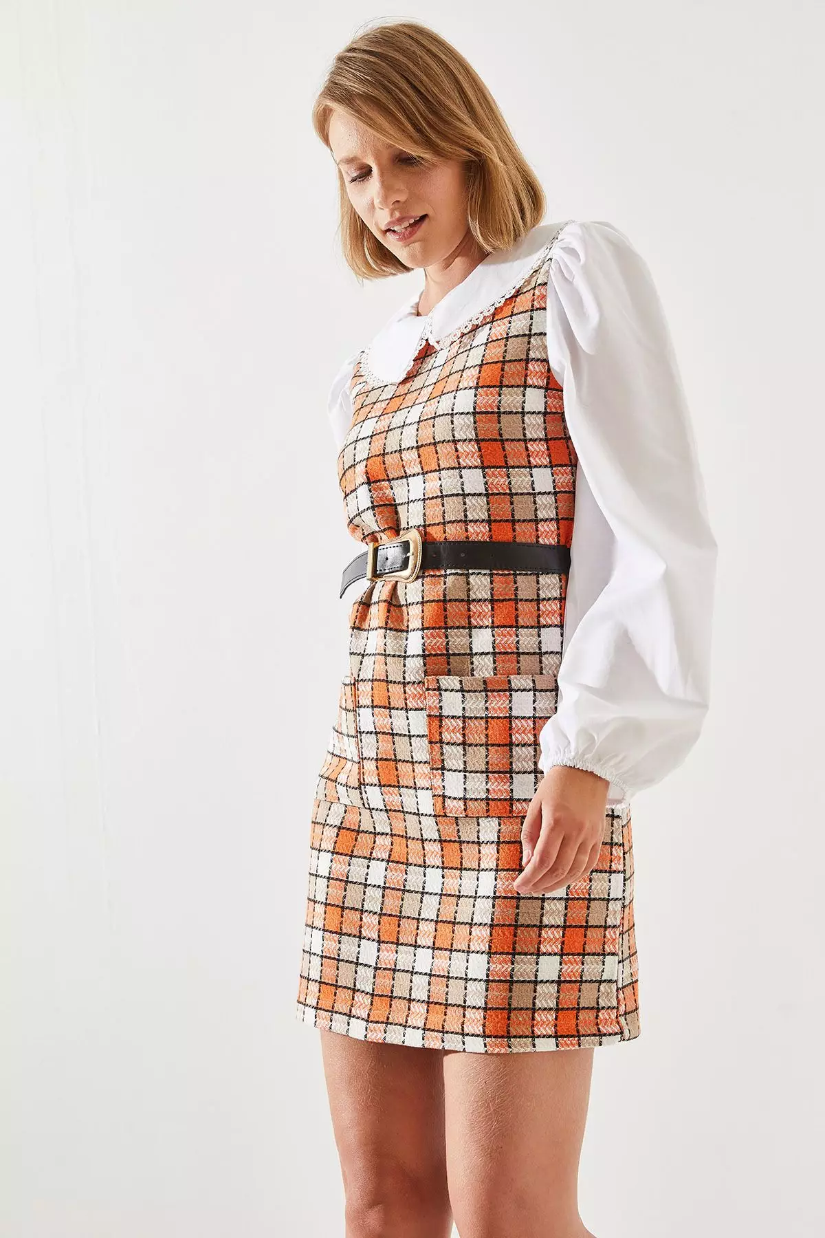 Women's Belted Plaid Patterned Collar Dress