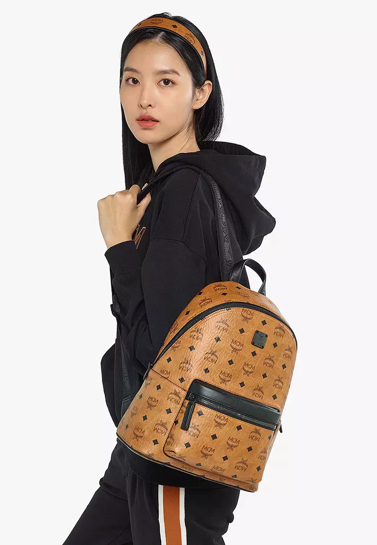 MCM Stark Backpack in Visetos Cognac & Black Nappa Leather 33 cm