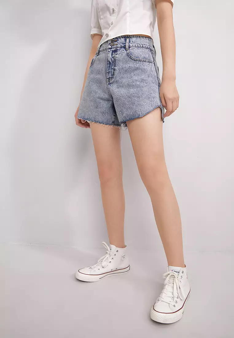 Light Wash Ripped Cuff Denim Shorts