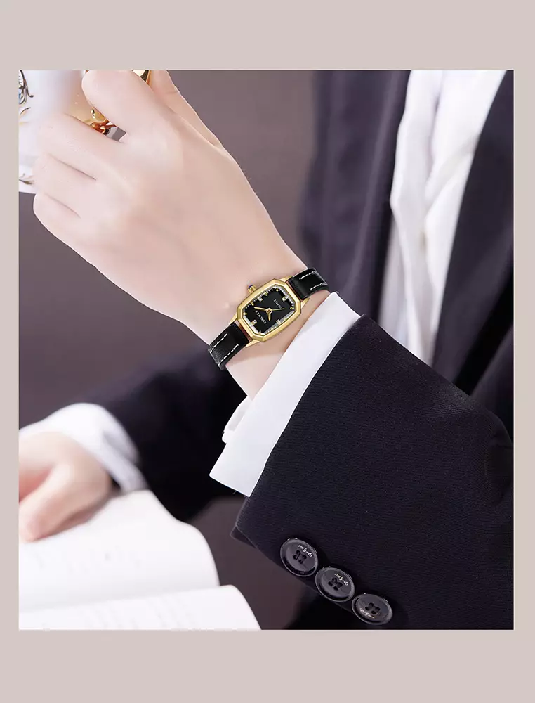 Jam Tangan Wanita Mode Tali Kulit Gaya retro Korea Berlian Jam Tangan Cewek Black