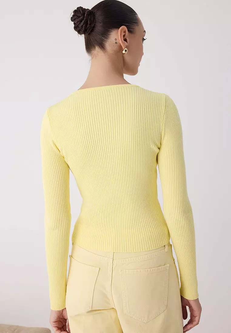 Yellow Mercerized Look Ribbed Knitwear Cardigan