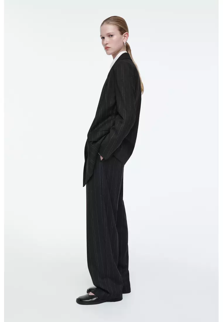 RELAXED PINSTRIPED BARREL-LEG TROUSERS