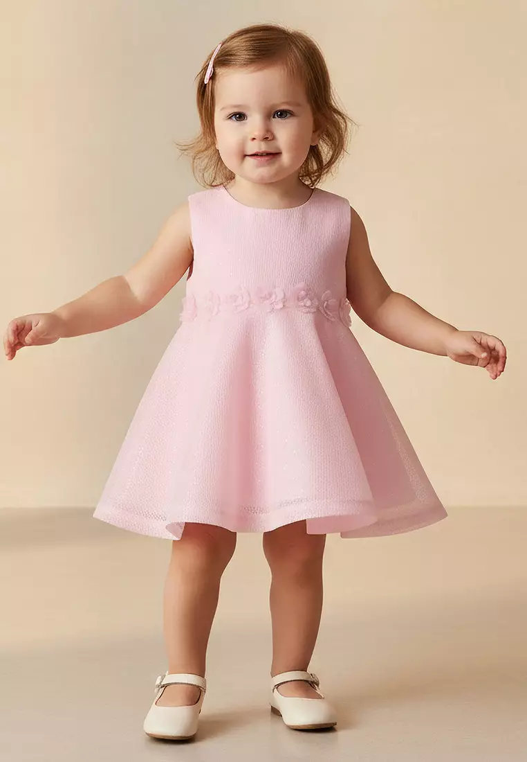 Babyshop Juniors Round Neck Sleeveless A-Line Dress With Floral Applique