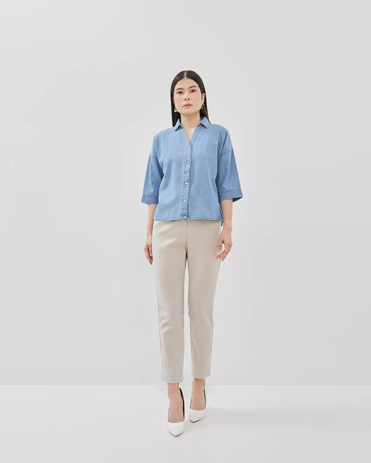WOMEN'S BLUE DENIM V-NECK SHIRT