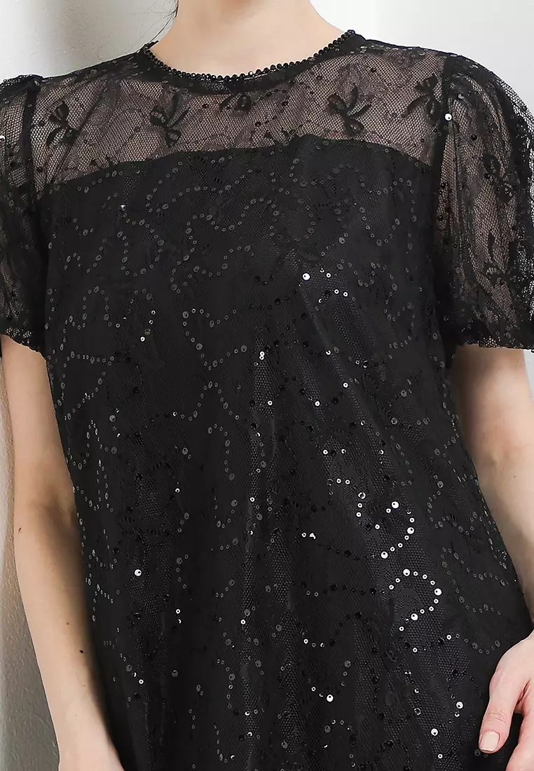 Tulle Detail Puff Sleeve Peakaboo Emb Mesh Dress