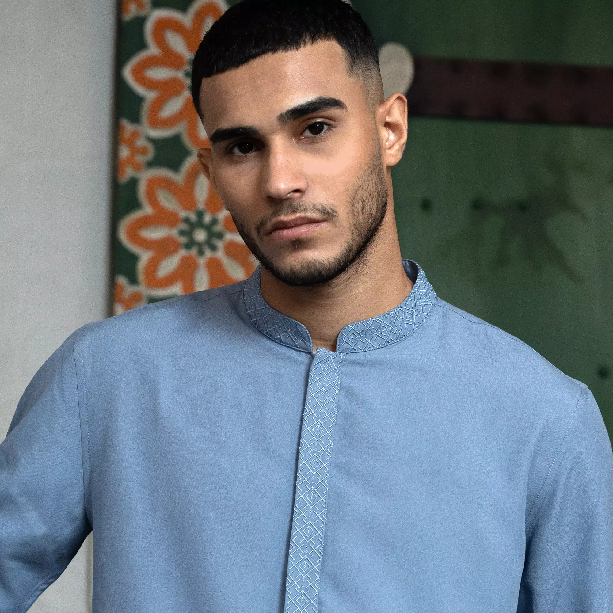 Kemeja Koko Bordir Azril Tangan Panjang Pria Muslim Lebaran Blue Grey