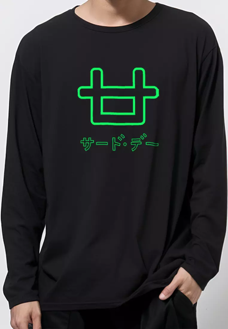 MTE96 long sleeve outline logo neon green blk Kaos Hitam