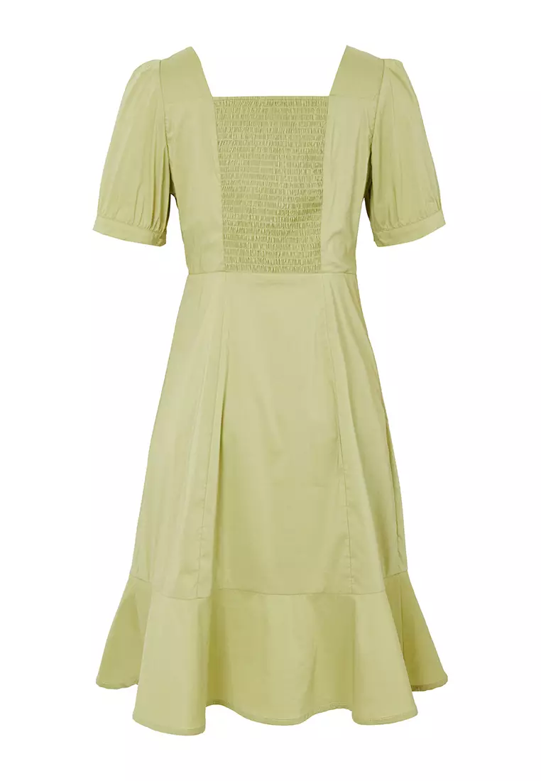 Square Neck Puff Sleeve Low Flare Midi Dress