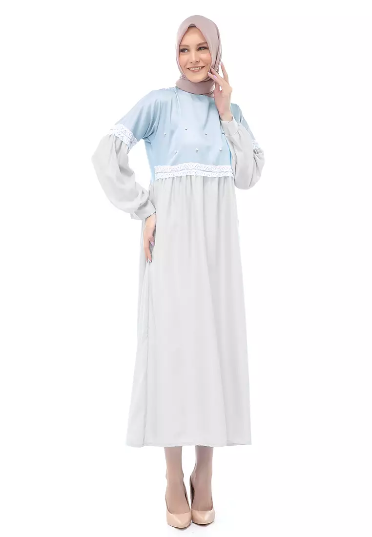 Sarinah Gamis Muslimah Panjang Atasan Wanita Motif Mutiara Regular Fit - Silver