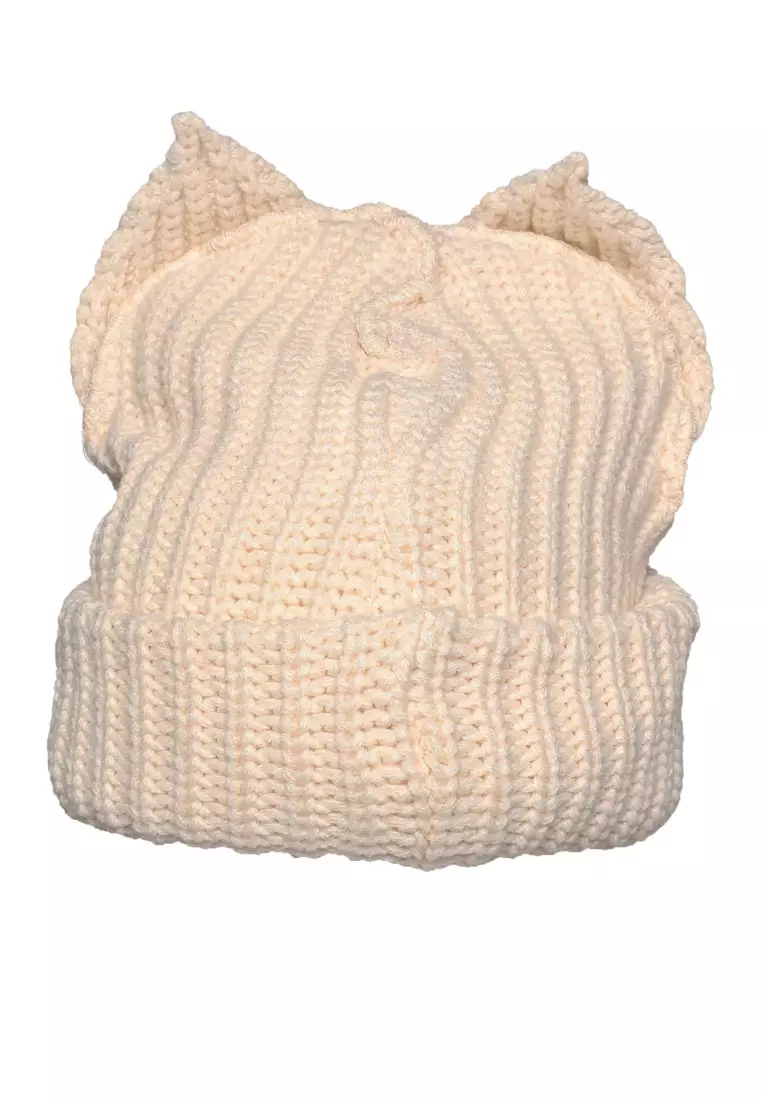 Beanie Telinga Hewan Berkancing Warna Putih