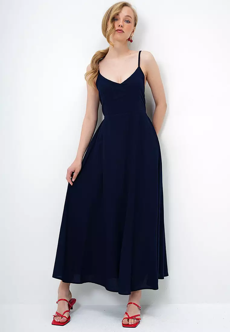 Women's Navy Blue Rope Strap Back Tie Detailed Maxi Length Summer Dress Alc-X13471