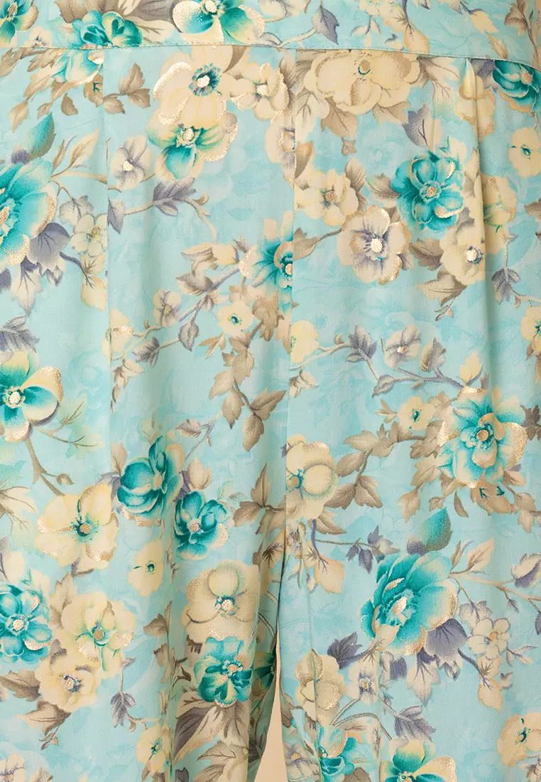 Light Blue Floral Jaal Print Rayon Kurta And Printed Pants (Set of 2)