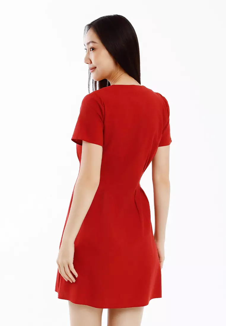 Forest Ladies Cotton Linen Dress Women Button Up V-Neck Dress - 885101-58BrickRed