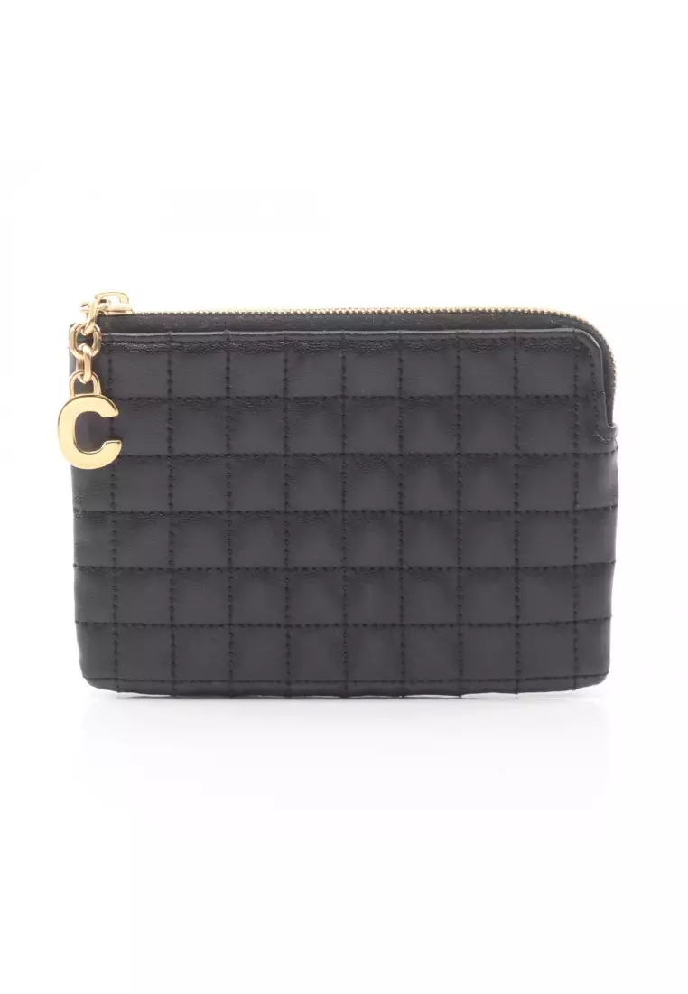 Pre-Loved Celine Coin & Card Pouch C-charm card case coin purse leather black