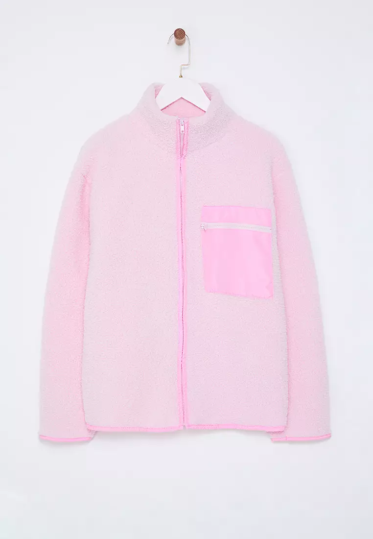 Winter Essentials Light Pink Thick Fleece Zipper Stand Collar Pocket Knitted Sweatshirt Twoaw24Sw00071
