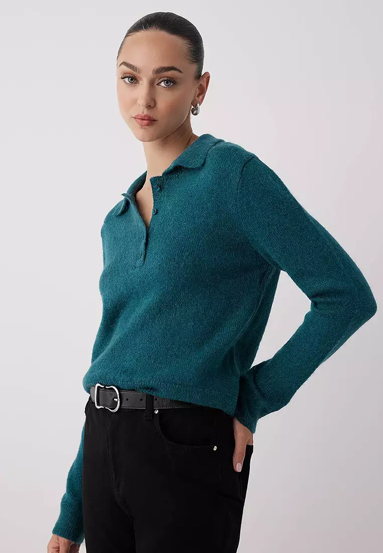 Petrol Alpaca Wool Blended Premium/Special Yarn Knitwear Sweater