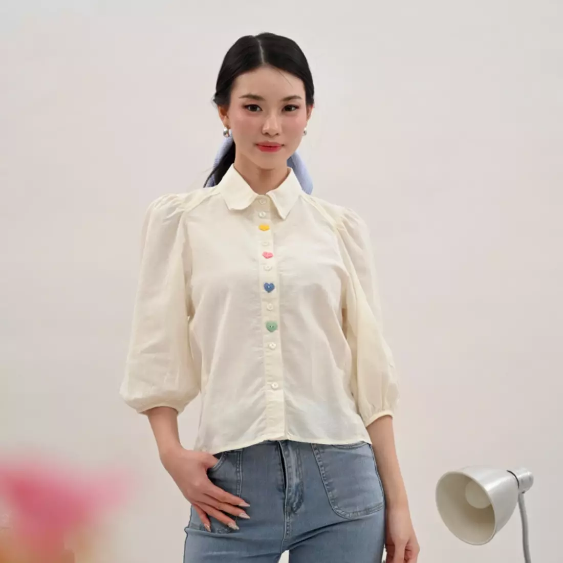 Rainbow Heart Button Puff Sleeve Shirt in White